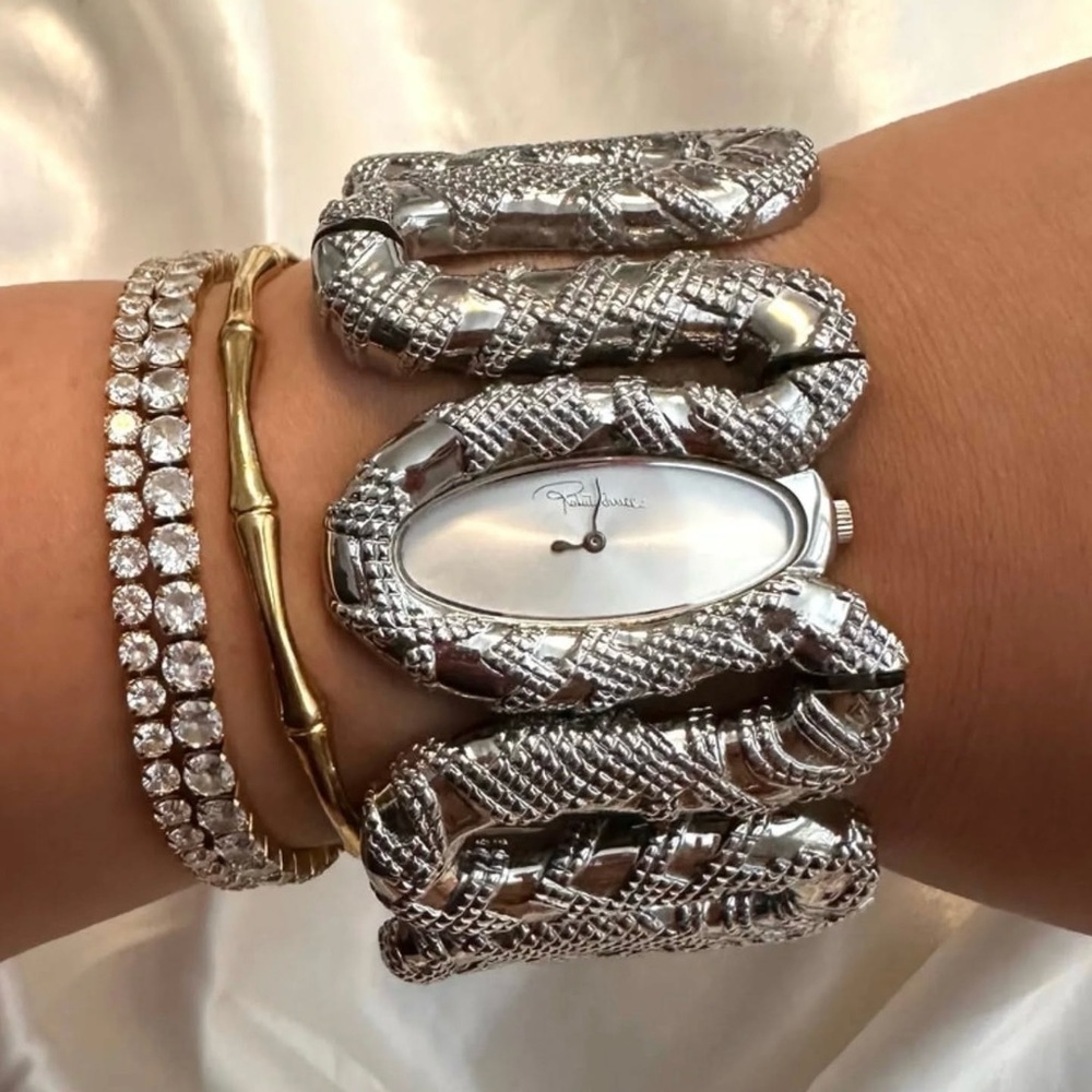 New $640 Roberto Cavalli Cleopatra Women's Analog Silver
Tone Snake Watch